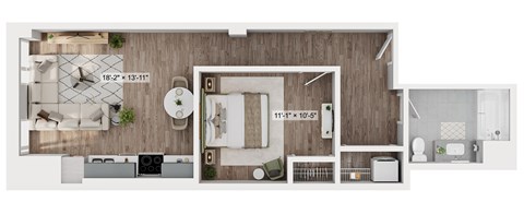 Floor plan for 1 bed, 1 bath, 640 sqft